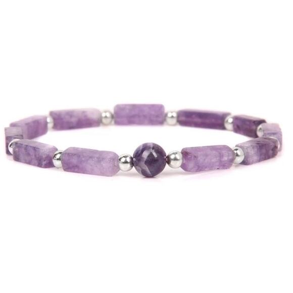 RETAIL $40 Natural Stone Amethyst Rectangular Stone Bracelet*Stretchy*NEW - Picture 1 of 1